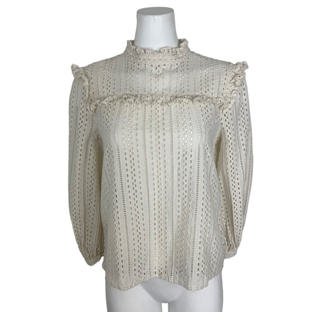 Madewell Eyelet Mockneck Ruffle Top Blouse S Ivory Long Sleeve